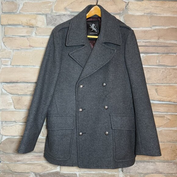 Express mens wool blend pea coat gray double breasted size large - Picture 1 of 8